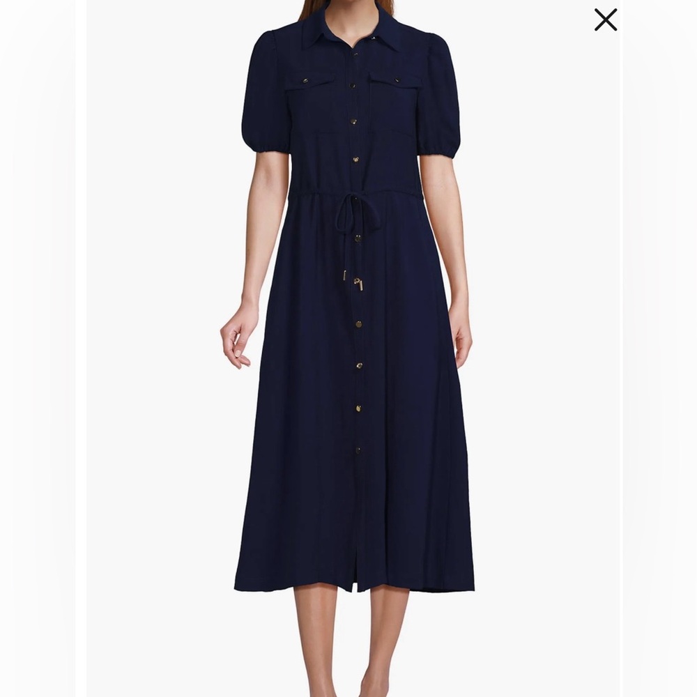 NWT Lands’ End Navy Button Front Midi Dress‎ Tie Waist Puff Sleeve Classic - Picture 9 of 13